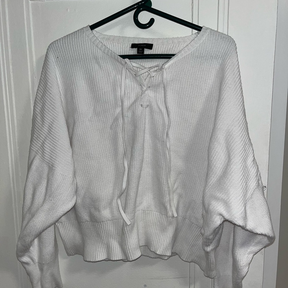 J. Crew White Lace-Up Ribbed Knit Sweater